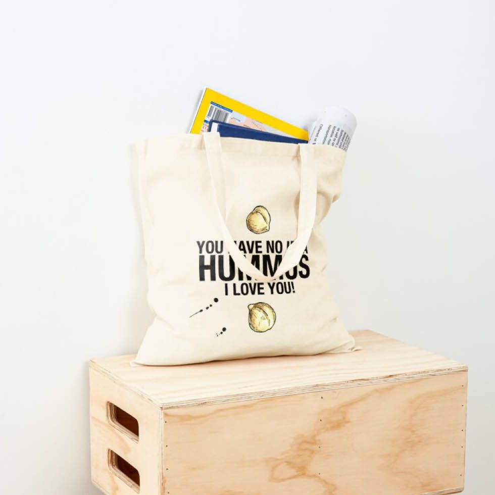 A Love Hummus Shopping Tote Bag with the words "I love you" expressing affection to my huns.