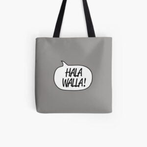A gray Hala Walla Tote Bag featuring a trendy design.