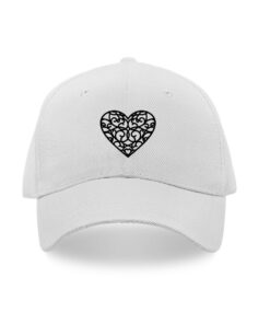 White caps with heart shape printed designs