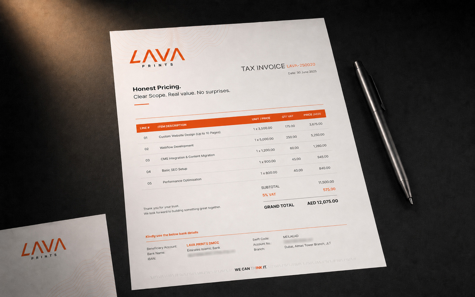 Honest pricing — clean invoice mockup